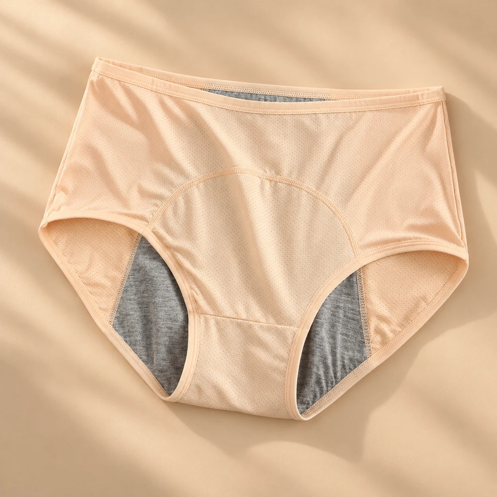 Leak-proof underwear in beige, flat lay