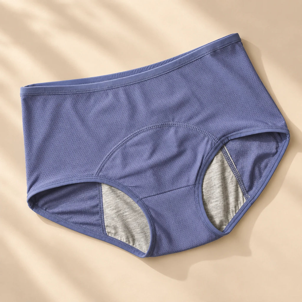 Leak-proof underwear in blue, flat lay