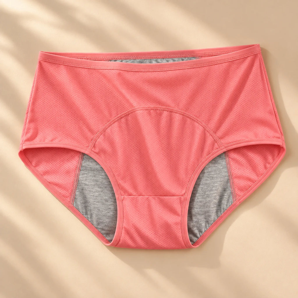 Leak-proof underwear in coral, flat lay