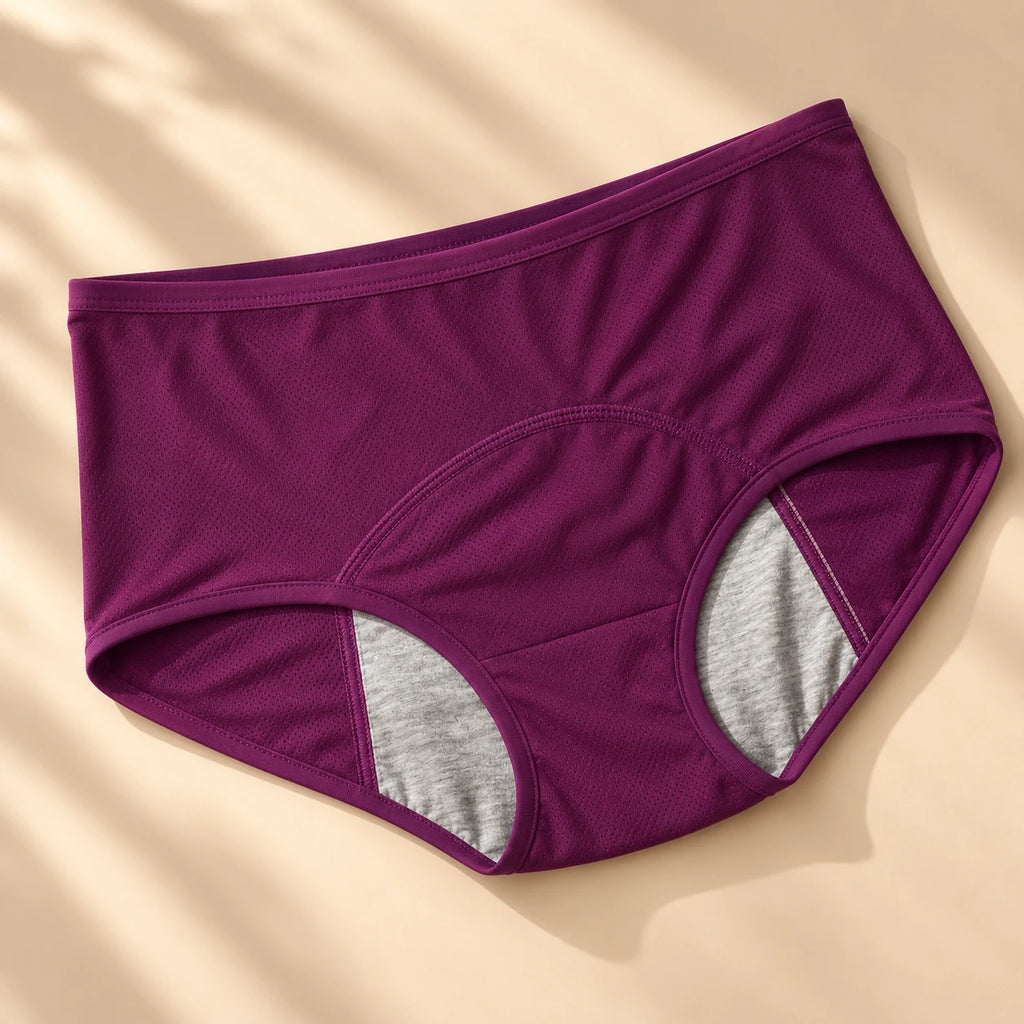 Leak-proof underwear in purple, flat lay