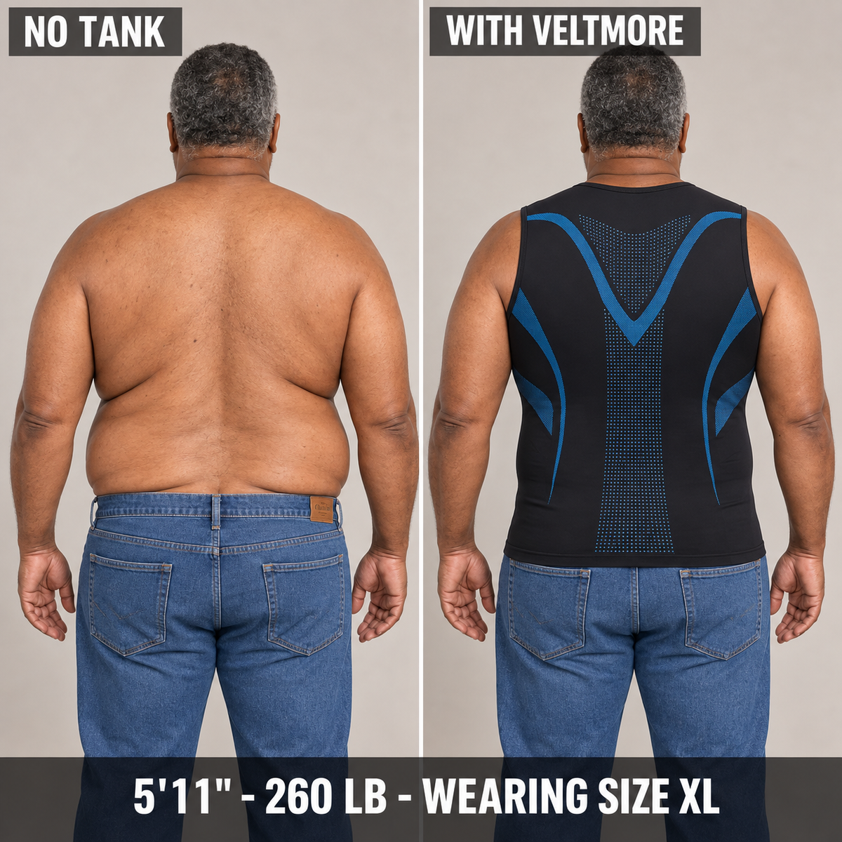 Back view comparison: no tank versus wearing the Veltmore tank
