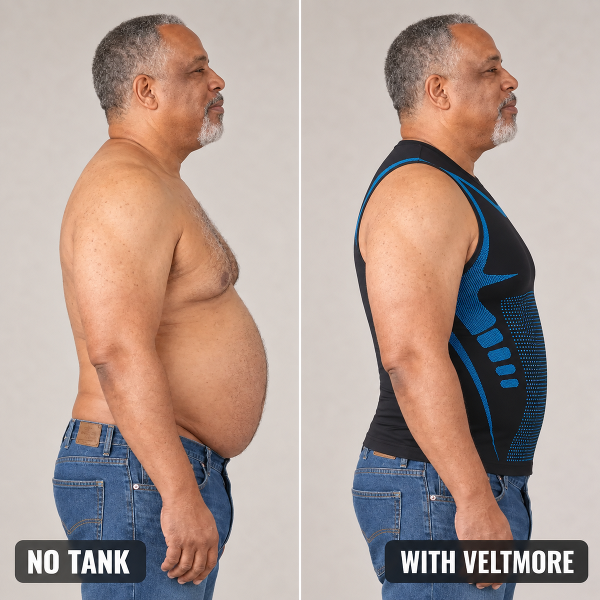 Side view comparison: no tank versus wearing the Veltmore tank
