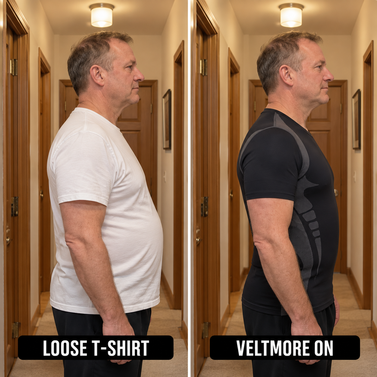 Comparison: loose T-shirt versus the Veltmore compression T-shirt