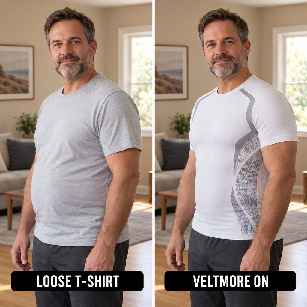 Comparison: loose T-shirt versus the Veltmore compression T-shirt in white