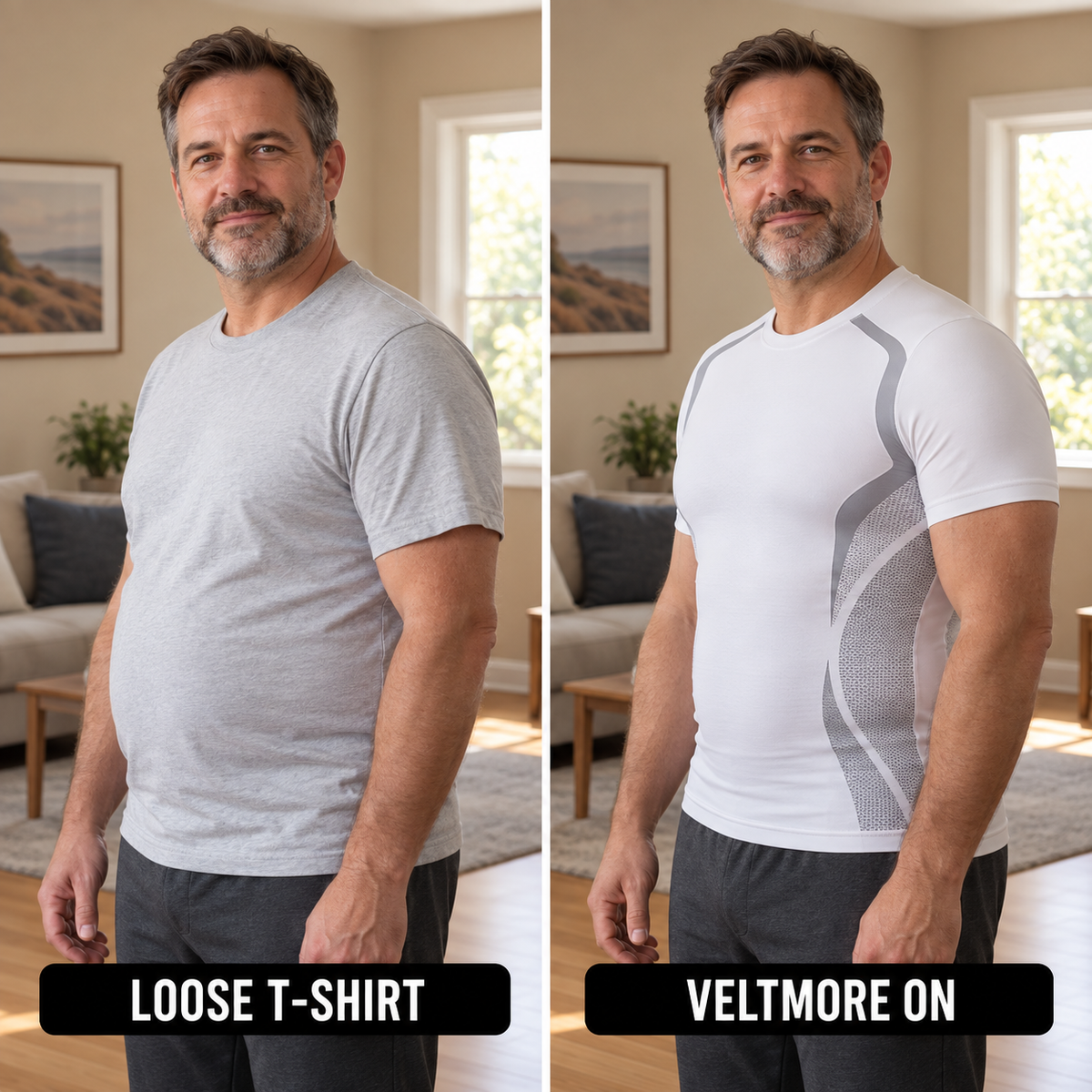 Comparison: loose T-shirt versus the Veltmore compression T-shirt in white