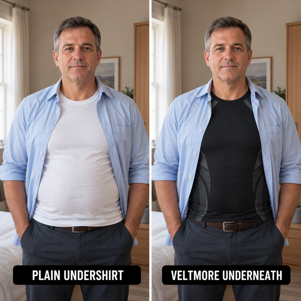 Comparison: plain undershirt versus Veltmore worn underneath an open shirt
