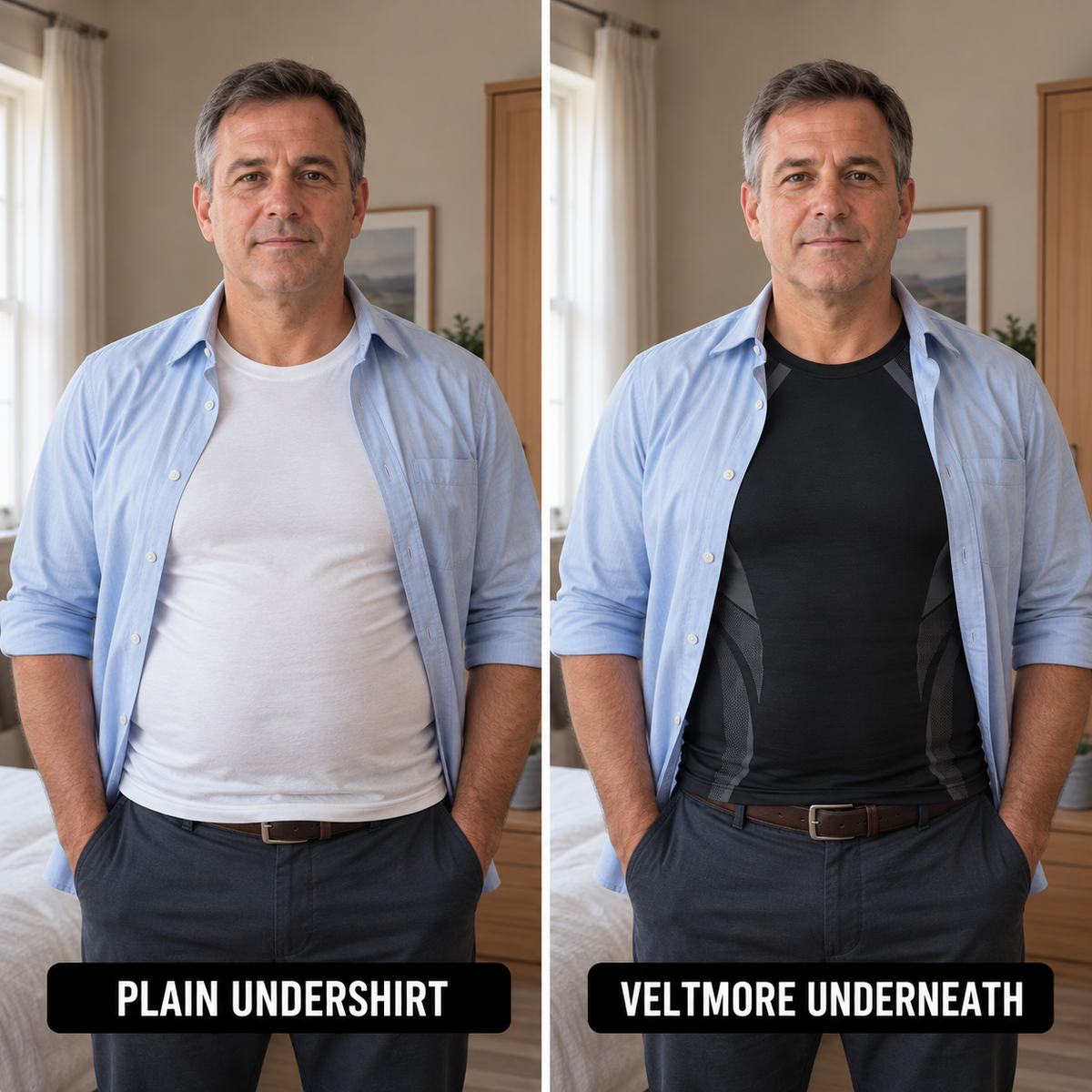 Comparison: plain undershirt versus Veltmore worn underneath an open shirt