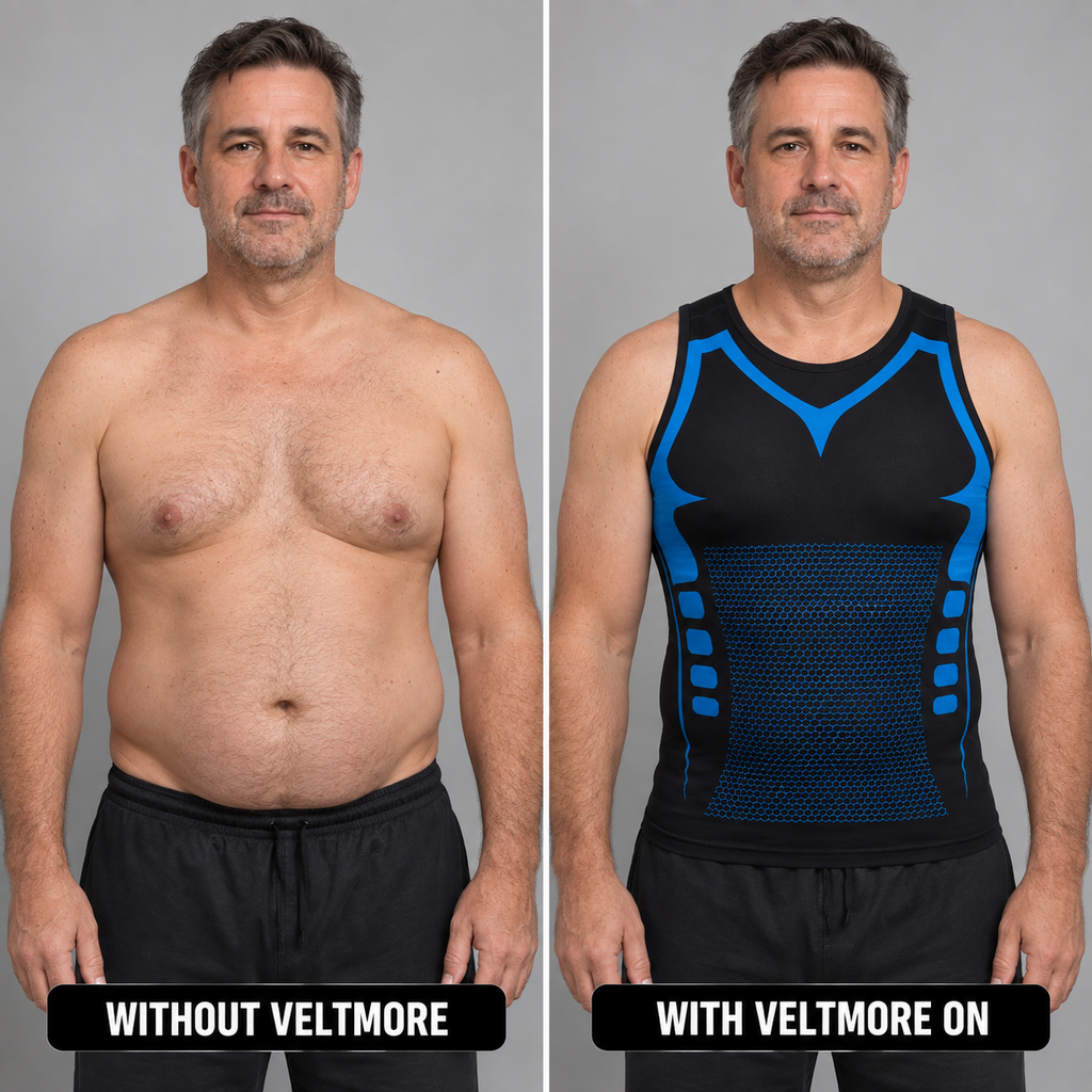 Front comparison: bare chest versus the same chest under the black Veltmore compression tank