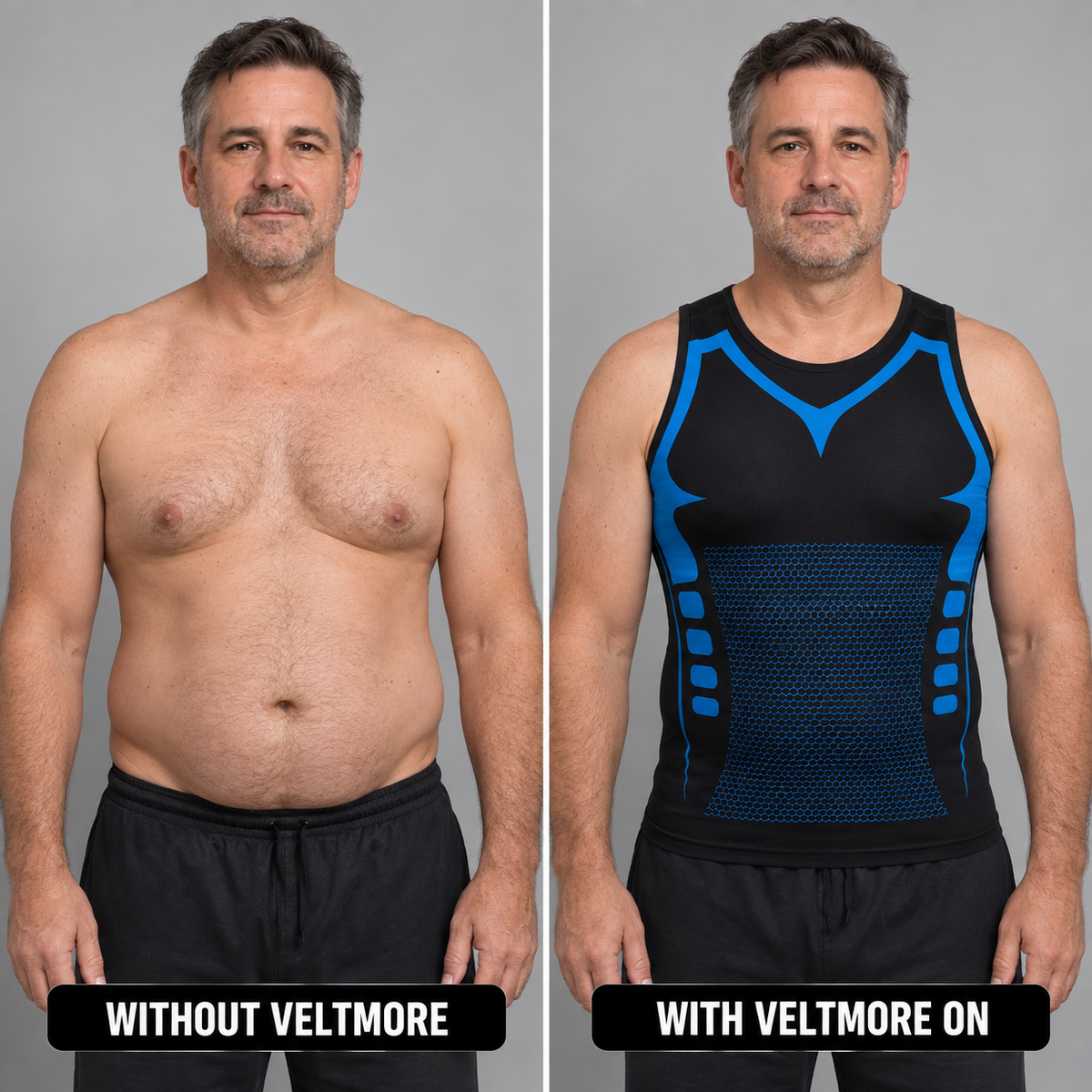 Front comparison: bare chest versus the same chest under the black Veltmore compression tank