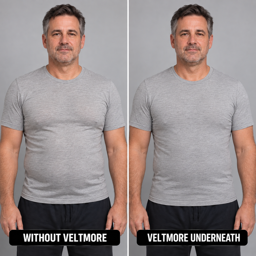Same T-shirt worn with and without the Veltmore compression tank underneath