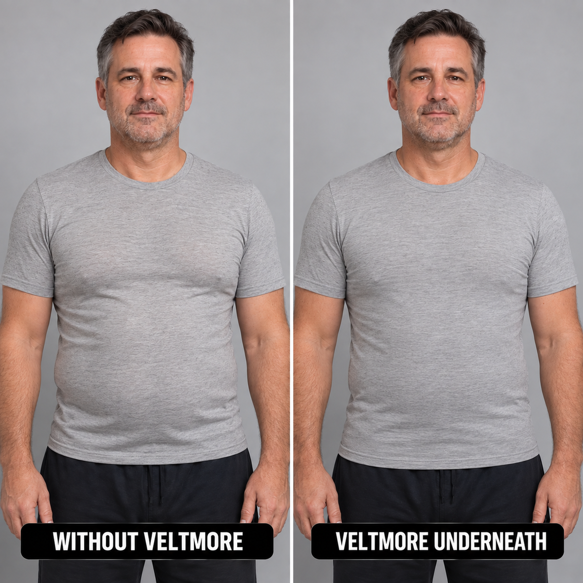 Same T-shirt worn with and without the Veltmore compression tank underneath