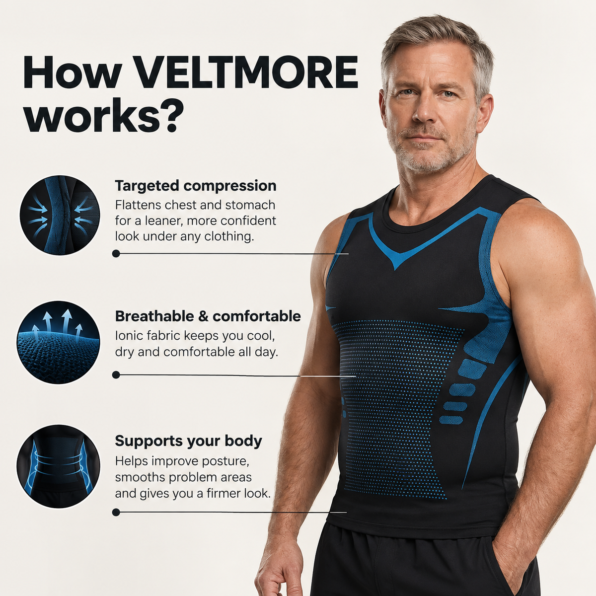 How Veltmore works: targeted compression, breathable fabric, posture support