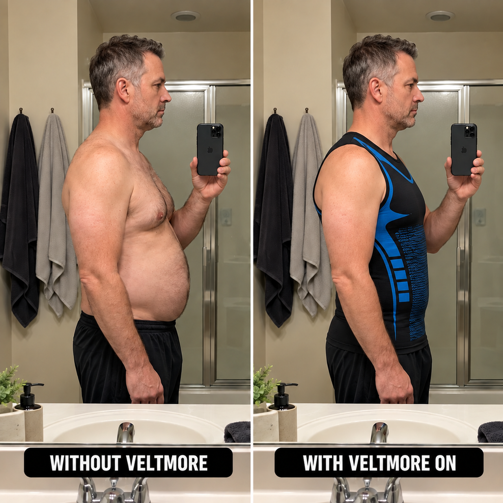 Mirror comparison: bare torso versus wearing the black Veltmore compression tank