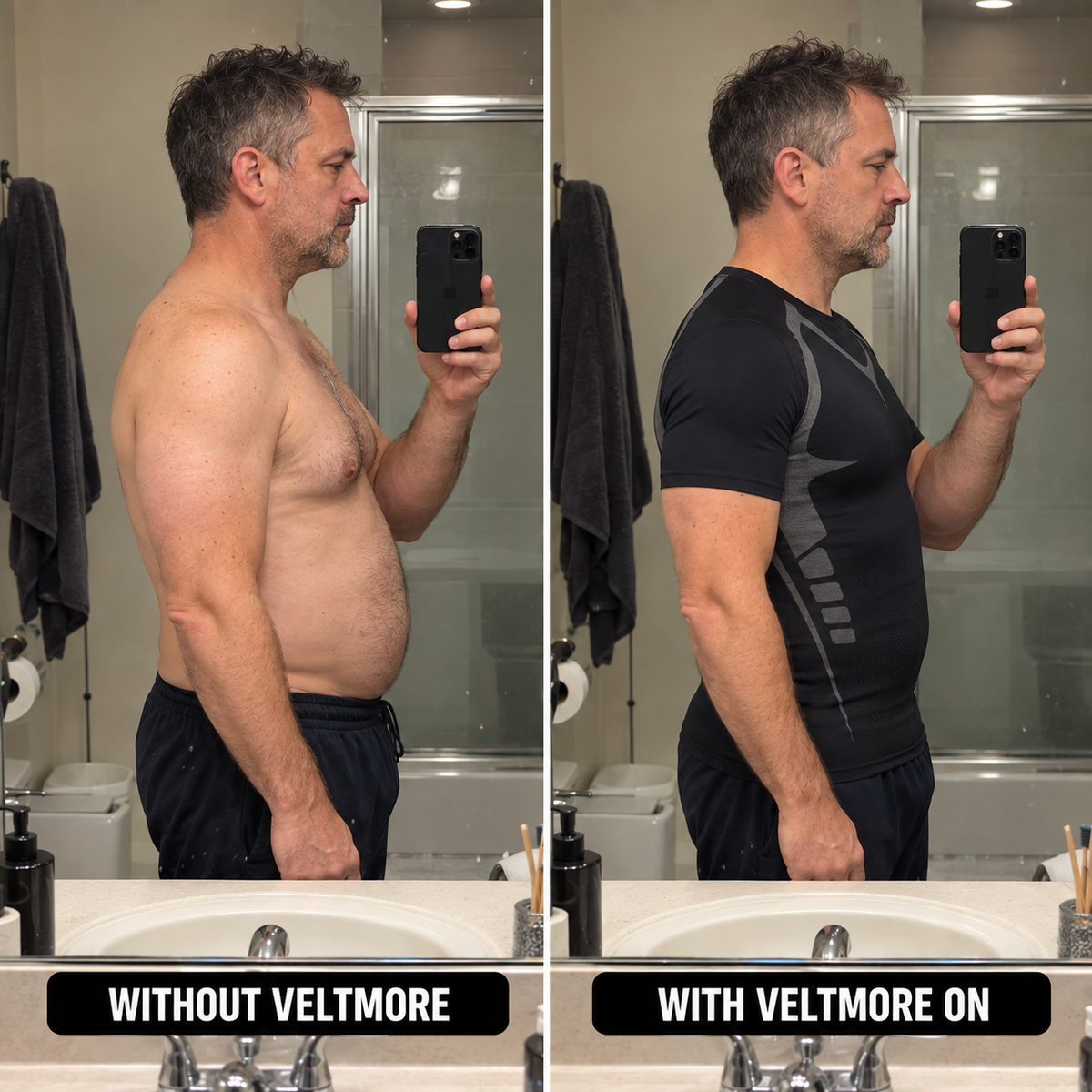 Mirror comparison: bare torso versus wearing the black Veltmore compression T-shirt